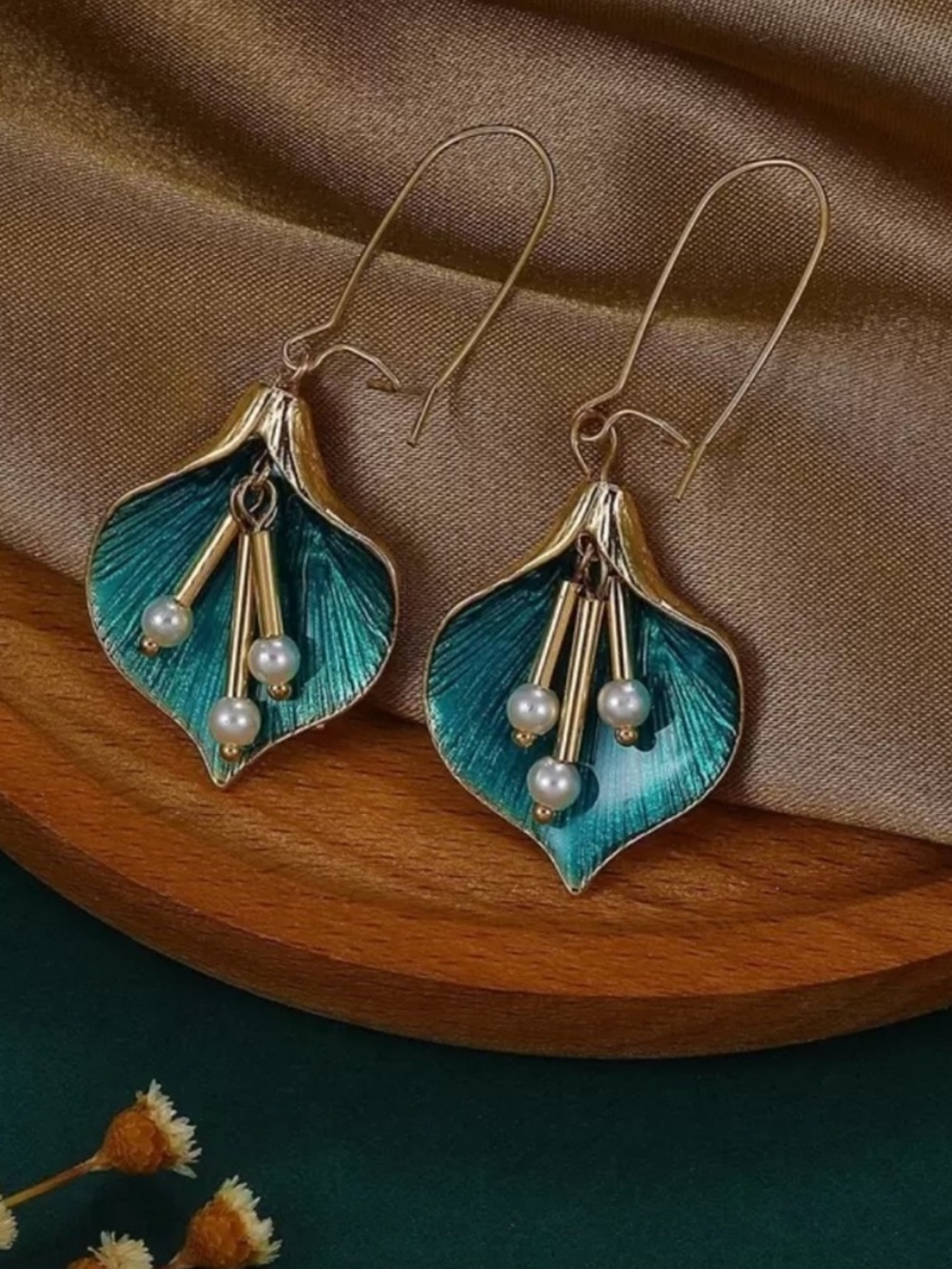 Vintage Style Teal and Gold Leaf Drop Earrings with Pearl Details